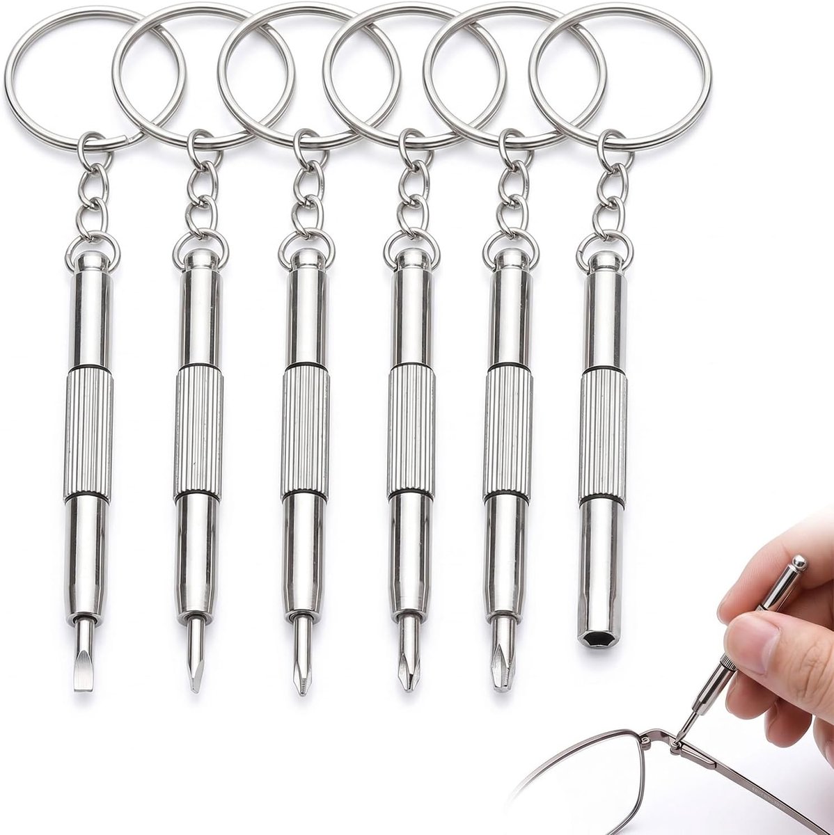 Mini-schroevendraaierset 6 stuks - roestvrij staal - met sleutelhanger - perfect voor brillenreparaties - ShopVlot