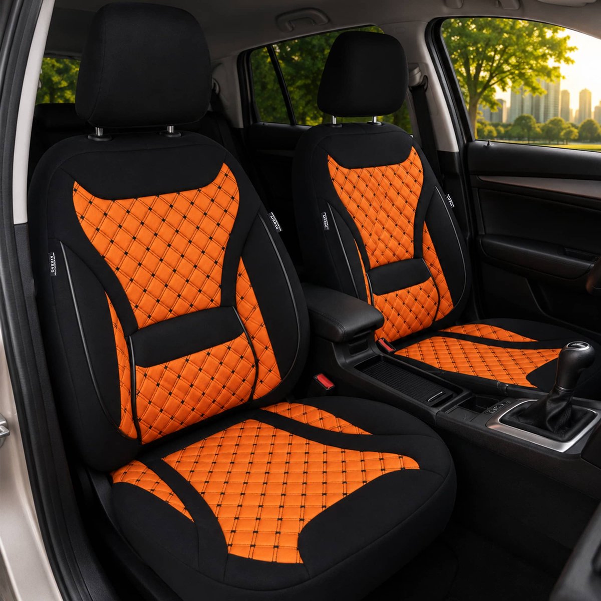 Autostoelhoezen voor Skoda Kamiq BJ vanaf 2019 – Stoelhoezen voor bestuurder en passagier in Zwart/Oranje