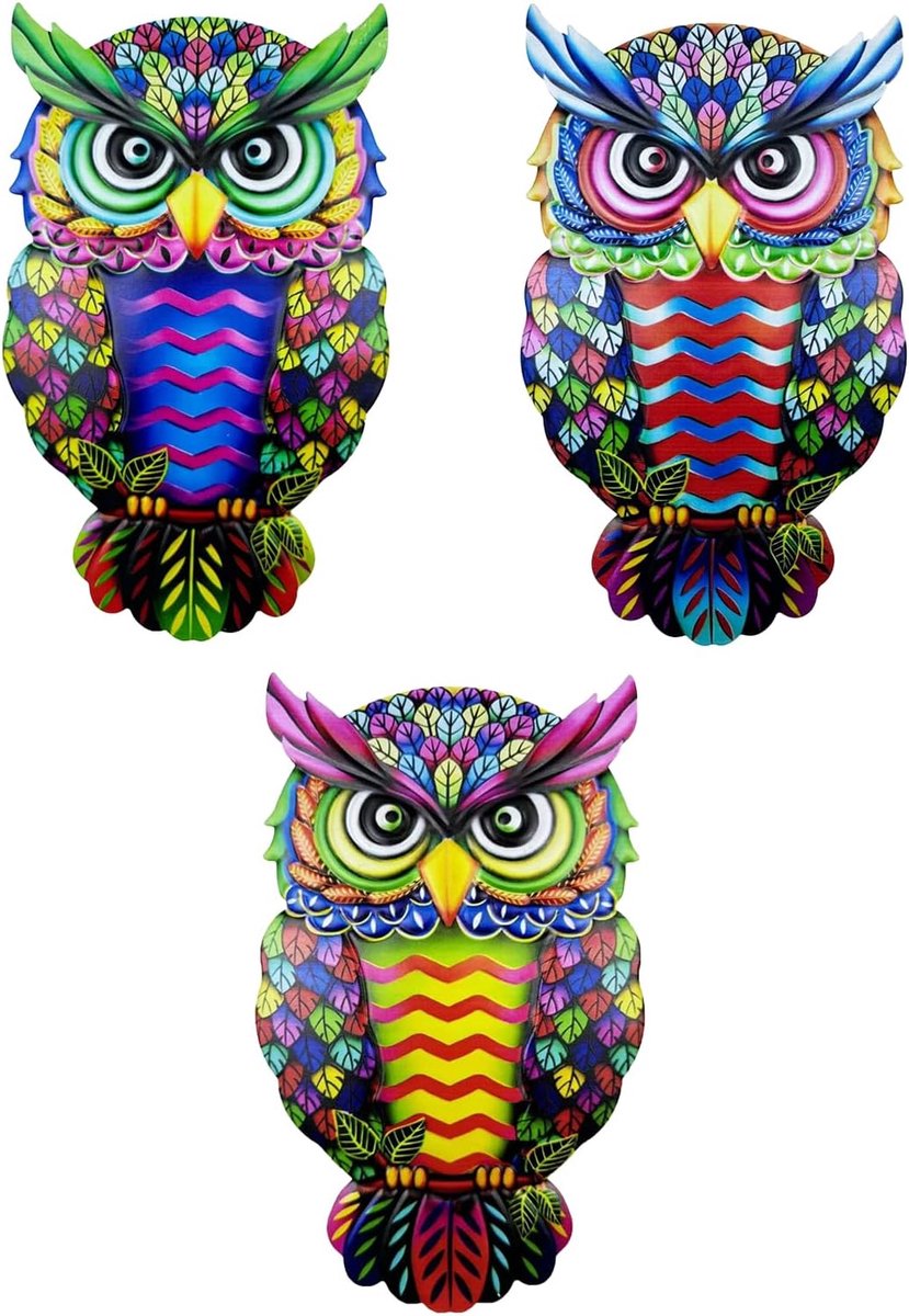 Uil decoratie 3-pack - metalen wandkunst - kleurrijke 3D ontwerpen - levendige buitenversiering - ShopVlot