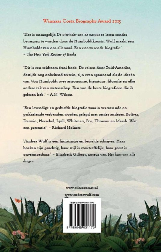 Achterkant boek met tekst en afbeelding van planten en vlinders. Er is een winnaarsticker 'Costa Biography Award 2015' en een barcode.