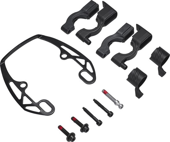 Zwarte MAGURA EASY MOUNT-adapter met diverse beugels, bouten en ventiel.