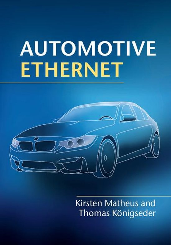 Couverture du livre 'Automotive Ethernet' avec un dessin au trait bleu d'une voiture sur fond bleu.