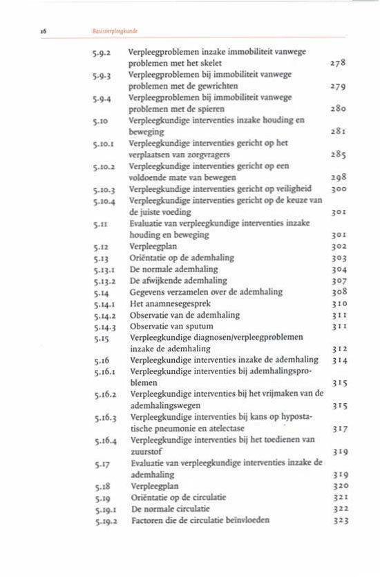 Inhoudsopgave van een boek met de titels Verpleegkundige interventies, Evaluatie, Oriëntatie op ademhaling, Ademhalingsproblemen, Oriëntatie op circulatie.