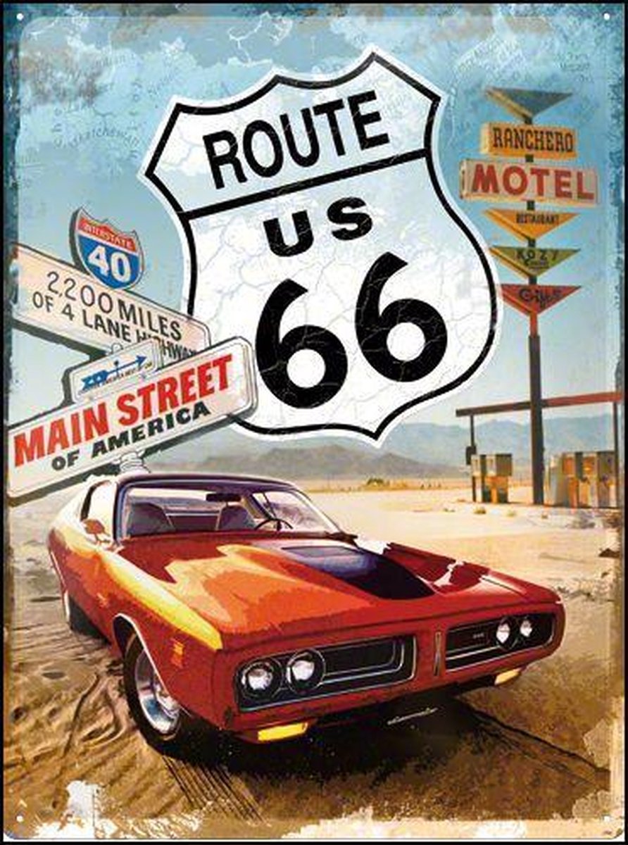 Route 66 Main Street  Metalen wandbord in reliëf 30x40 cm