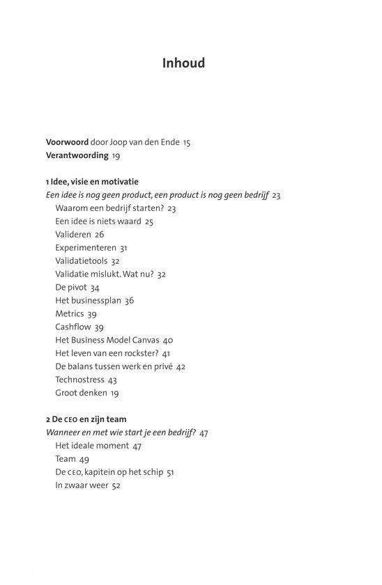 Inhoudsopgave van een boek met de titels: 'Voorwoord door Joop van den Ende', 'Verantwoording', 'Idee, visie en motivatie', 'De CEO en zijn team'.
