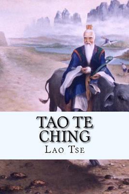 Illustratie van Lao Tse rijdend op een buffel, met de tekst "TAO TE CHING" en "LAO TSE".