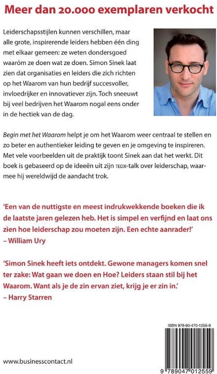Achterkant van het boek 'Begin met het Waarom' met een foto van Simon Sinek.