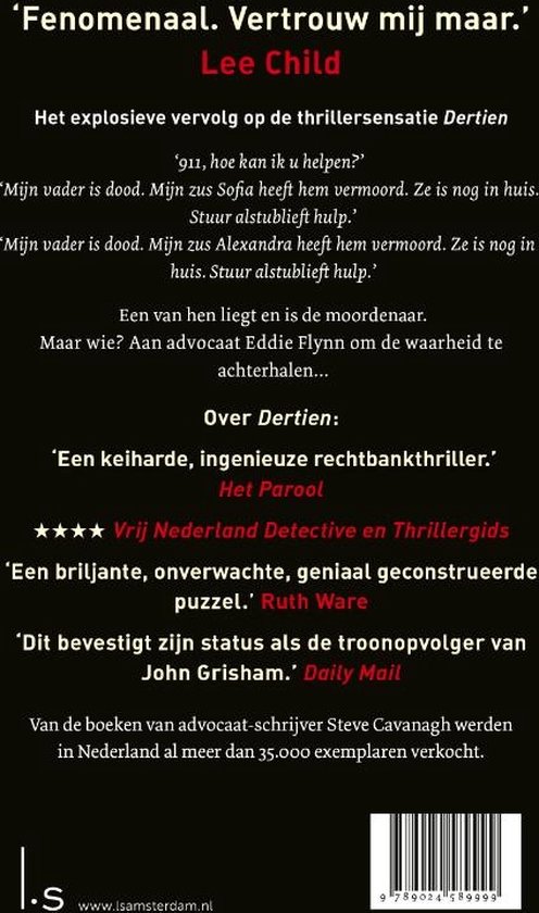 Boekomslag van 'Dertien' van Steve Cavanagh met tekst van Lee Child, Het Parool, Ruth Ware en Daily Mail.