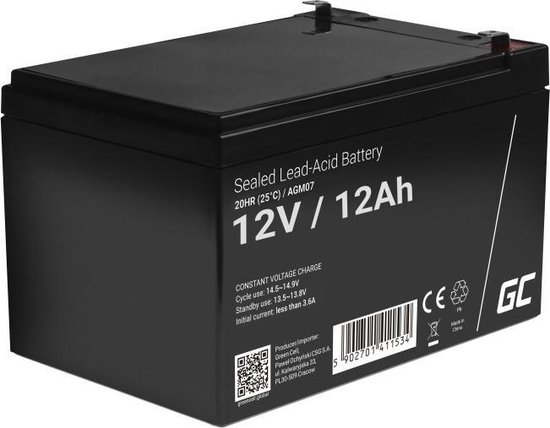 Green Cell 12V 12Ah VRLA AGM accu 12000mAh Faston 6.3mm 151x98x94mm 3.4kg 5 jaar