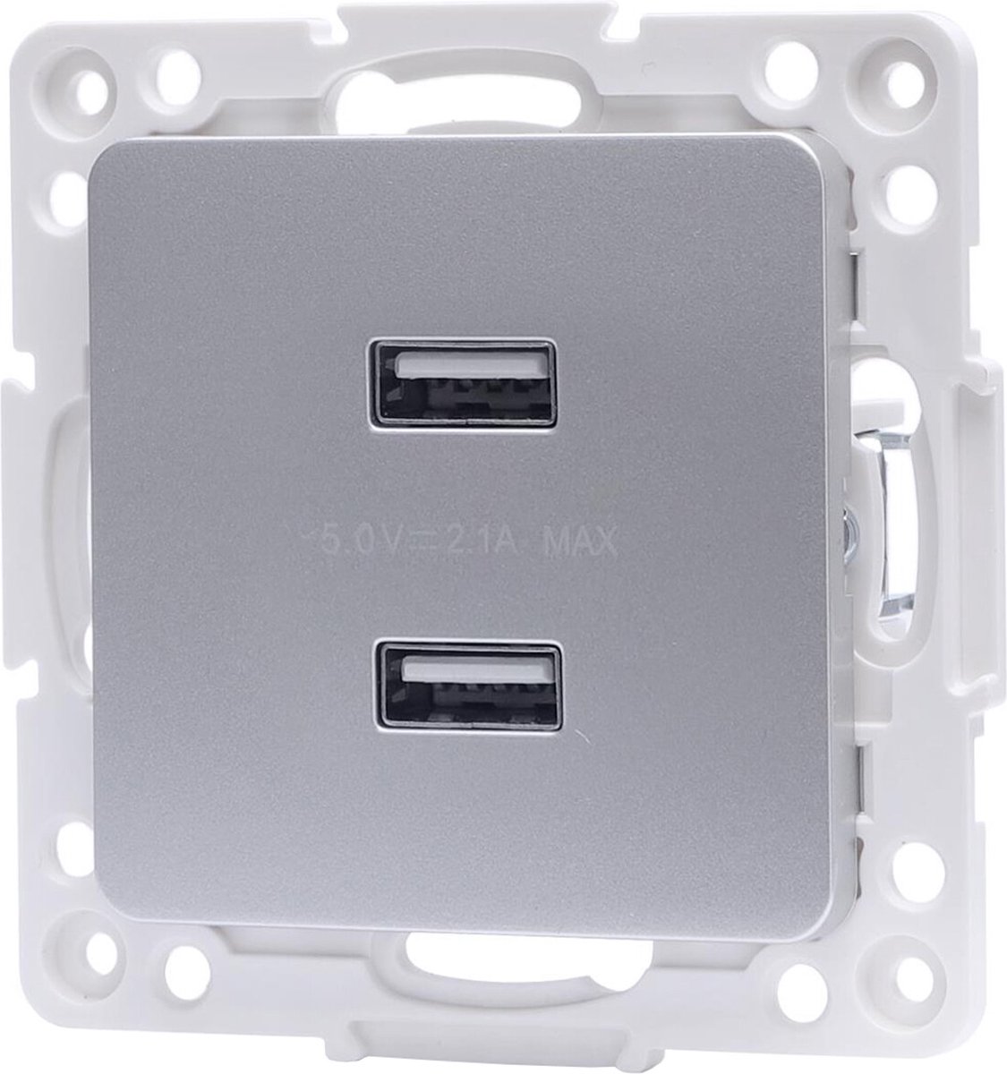 Wandcontactdoos - Aigi Jura - Inbouw - Vierkant - Kunststof - 2-voudig USB Aansluiting - Zilver