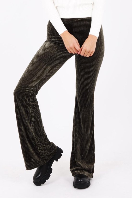 Ribbed Velvet Flared Pants - Kaki - S 