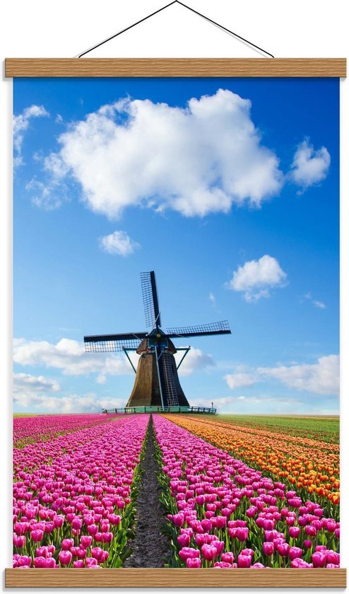 Schoolplaat – Tulpen Veld bij Molen - 40x60cm Foto op Textielposter (Wanddecoratie op Schoolplaat)