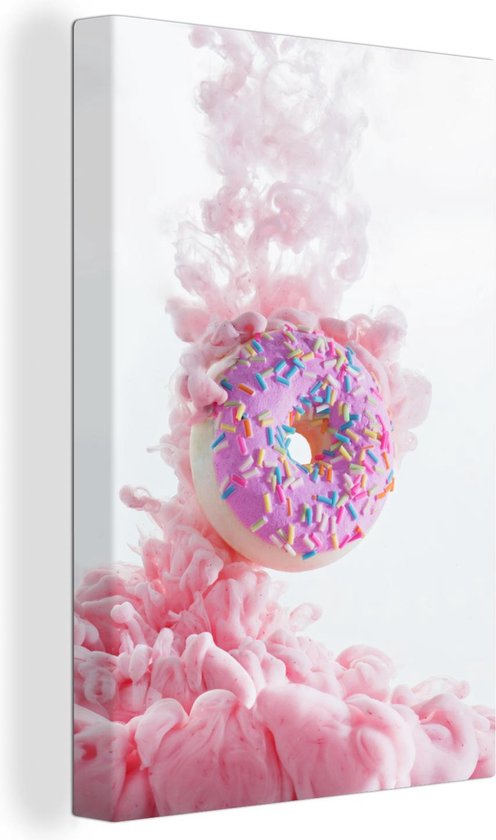 Canvas Schilderij Donut in roze wolk - 60x90 cm - Wanddecoratie