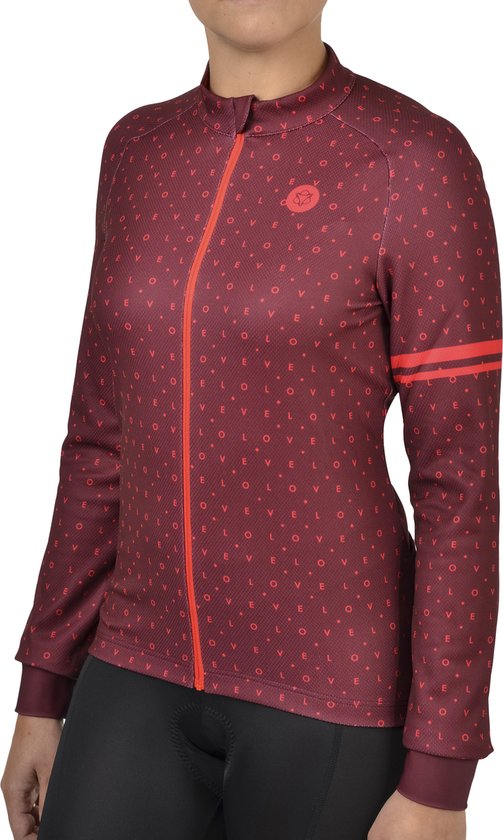Bordeauxrode longsleeve fietstop met 'love' patroon, rits en AGU logo op de borst. Rode strepen op de mouwen.