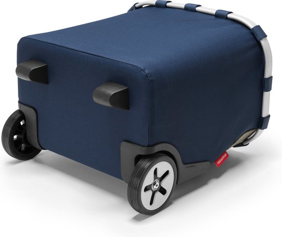 Donkerblauwe boodschappentrolley met zilverkleurig frame, zwarte wielen en handvatten.