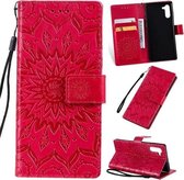 Geperst afdrukken Zonnebloempatroon Horizontale flip PU lederen tas voor Galaxy Note 10, met houder en kaartsleuven en portemonnee en lanyard (rood)