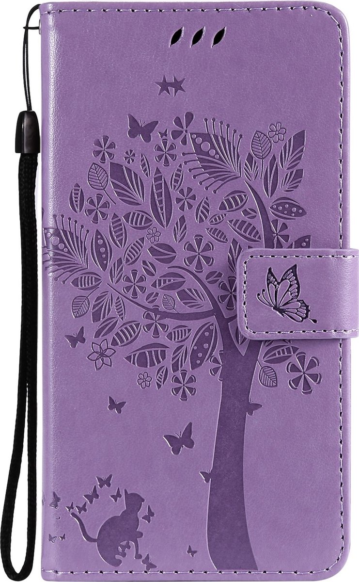 Mobigear Telefoonhoesje geschikt voor Samsung Galaxy S21 Hoesje | Mobigear Tree Bookcase Portemonnee | Pasjeshouder voor 2 Pasjes | Telefoonhoesje voor Pinpas / OV Kaart / Rijbewijs - Paars