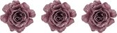 3x stuks decoratie bloemen roos roze glitter op clip 10 cm - Decoratiebloemen/kerstboomversiering/kerstversiering