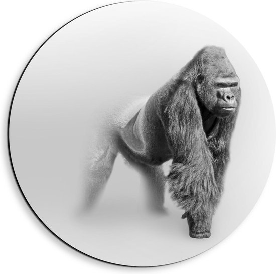 Dibond Wandcirkel - Gorilla met Mist (zwart/wit) - 40x40cm Foto op Aluminium Wandcirkel (met ophangsysteem)