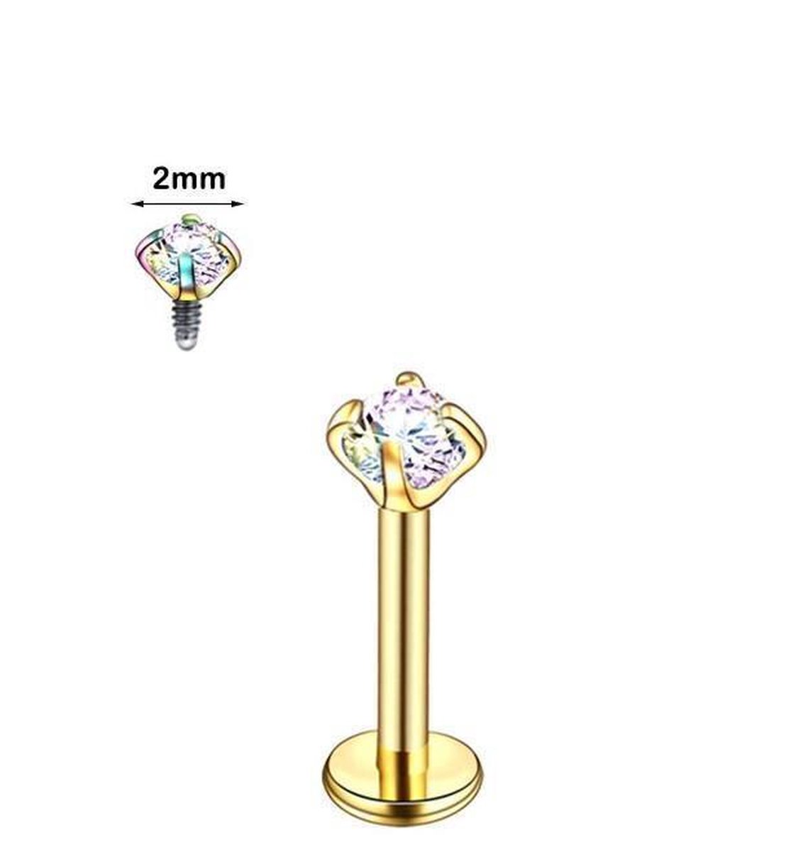 Helixpiercing zirkonia goudkleurig AB transparant 2mm en 1.2mm x 6mm chirurgisch staal - Aramat Jewels