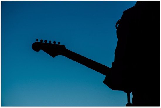 Poster – Silhouet van Gitarist op Blauwe Achtergrond - 60x40cm Foto op Posterpapier