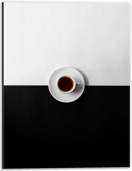 Dibond - Koffie met Zwart/Wit Vlak - 30x40cm Foto op Aluminium (Met Ophangsysteem)