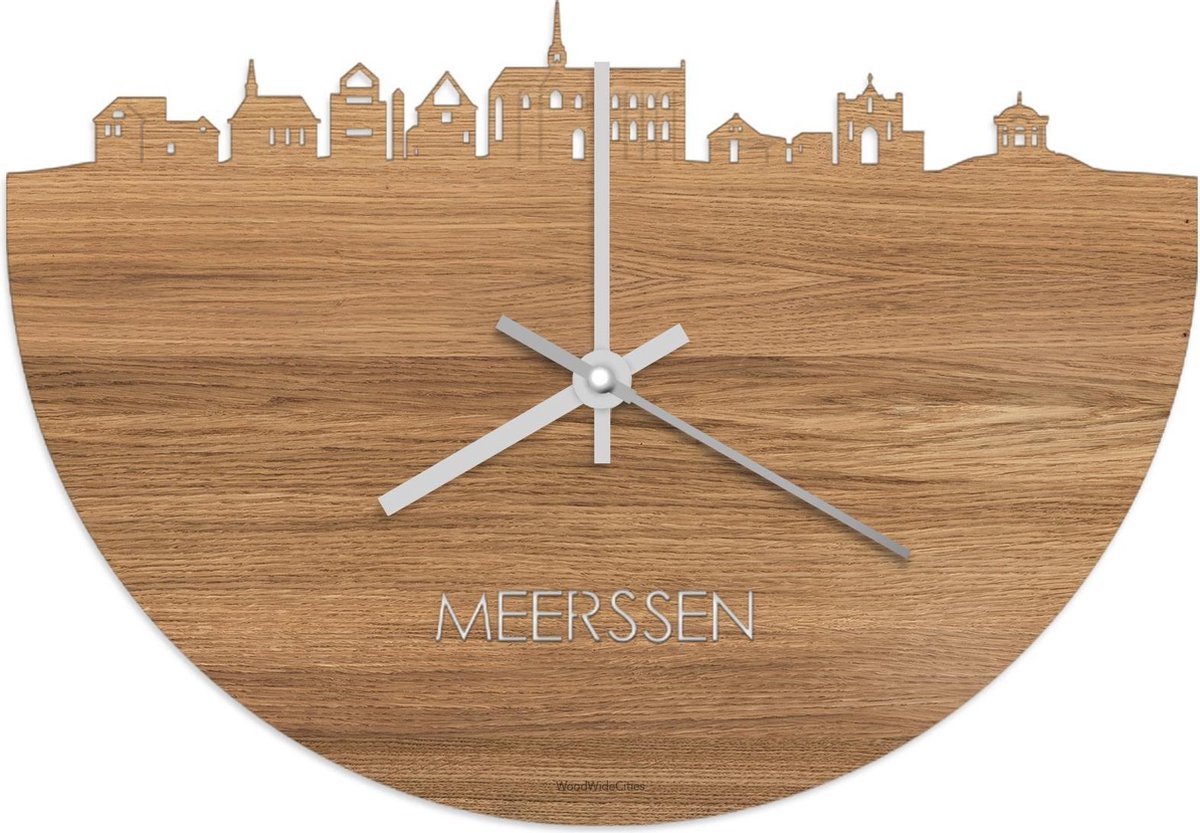 Skyline Klok Meerssen Eikenhout - Ø 40 cm - Stil uurwerk - Wanddecoratie - Meer steden beschikbaar - Woonkamer idee - Woondecoratie - City Art - Steden kunst - Cadeau voor hem - Cadeau voor haar - Jubileum - Trouwerij - Housewarming - WoodWideCities