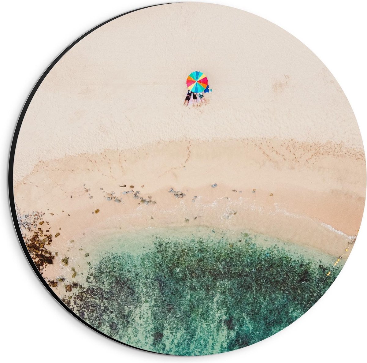 Dibond Wandcirkel - Gekleurde Parasol op het Strand - 20x20cm Foto op Aluminium Wandcirkel