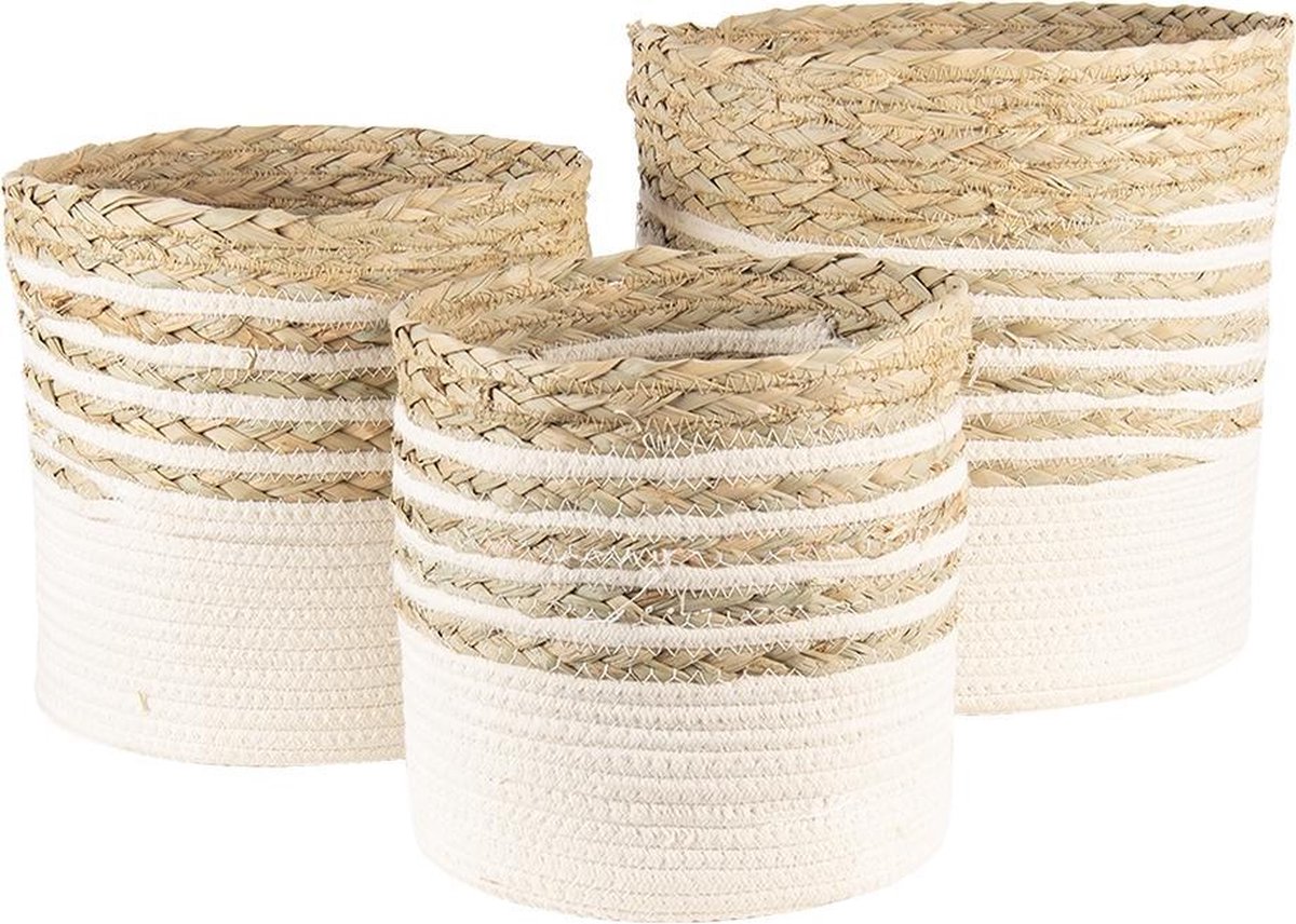 Clayre & Eef Opbergmand Set van 3 Ø 30 Ø 26 Ø 23 cm Beige Wit Zeegras Rond Mand