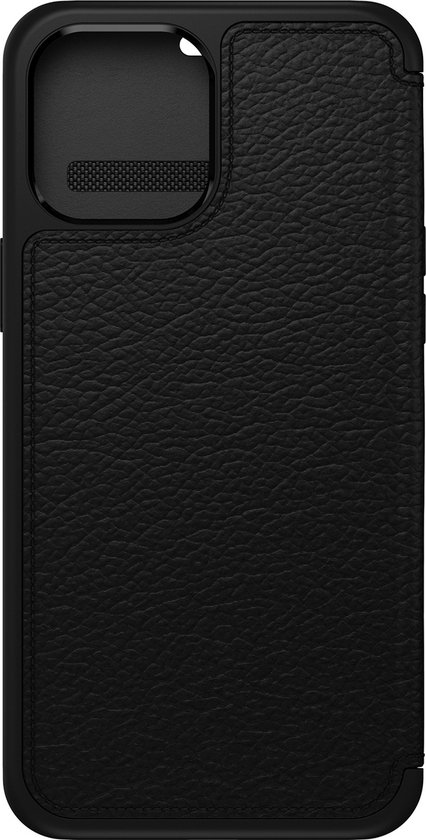 Zwarte OtterBox Strada telefoonhoes voor iPhone 12 Pro Max met lederlook textuur.