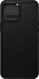 Zwarte OtterBox Strada telefoonhoes voor iPhone 12 Pro Max met lederlook textuur.