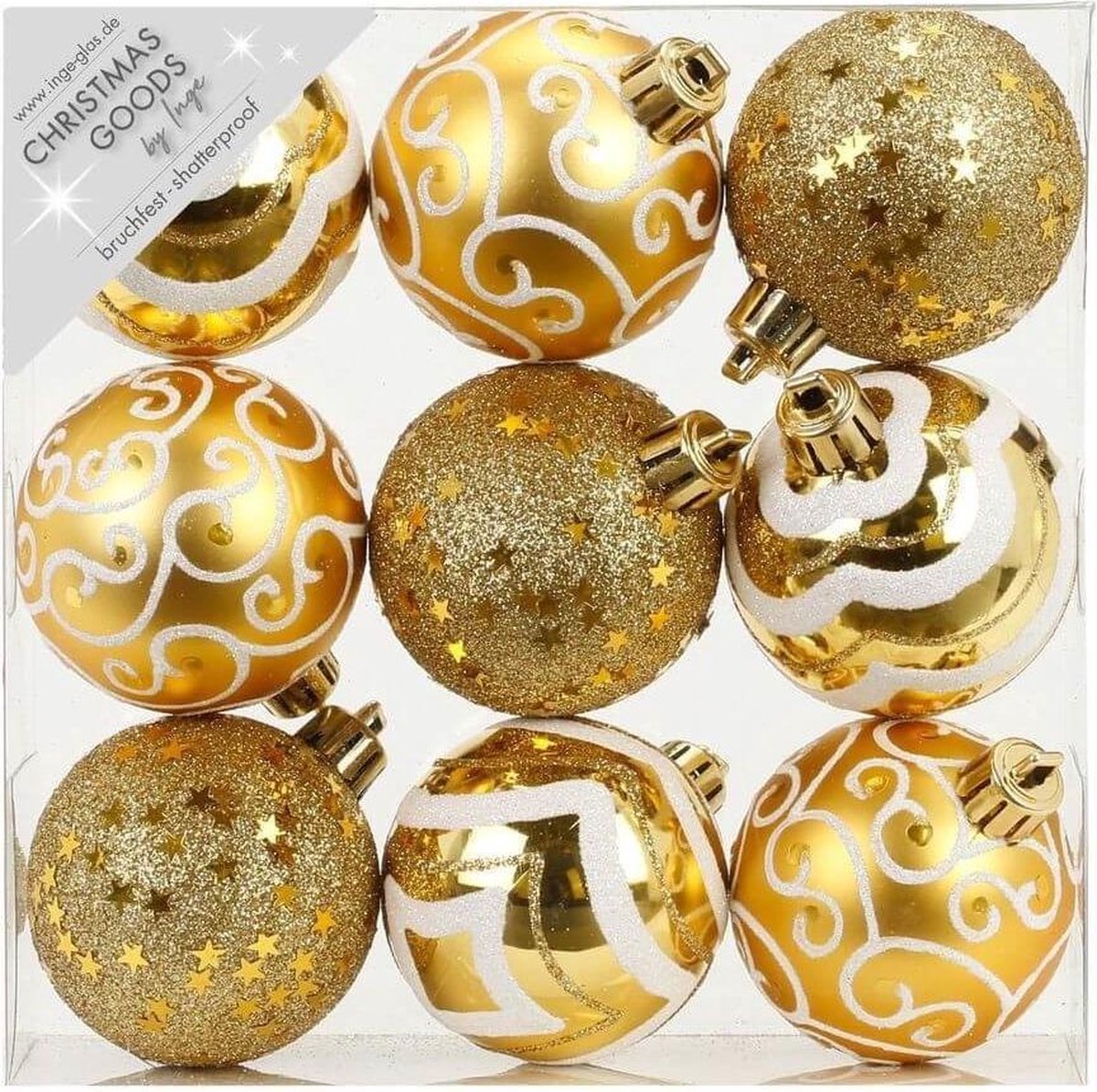 Inge-glas Luxe kerstballen 27x stuks goud 6 cm - verschillende afwerkingen - kunststof - kerstboomversiering