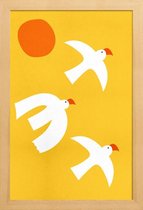 JUNIQE - Poster met houten lijst Flying Doves -13x18 /Geel