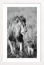 JUNIQE - Poster in houten lijst Lion Teaching His Cub -30x45 /Grijs &