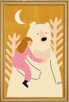 JUNIQE - Poster met houten lijst Bear Hug -30x45 /Geel