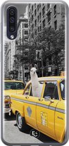 Samsung Galaxy A50 siliconen hoesje - Lama in taxi - Soft Case Telefoonhoesje - Grijs - Print