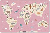 Muismat Wereldkaart met dieren - Roze wereldkaart met dieren muismat rubber - 27x18 cm - Muismat met foto