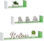 Relaxdays wandplank set van 3 - boekenplank modern - wandboard U-vorm - 3 groottes - MDF - wit-groen