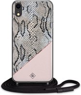 iPhone XR hoesje met koord - Snake print roze | Apple iPhone XR crossbody case | Zwart, Transparant | Slangenprint