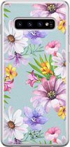 Samsung Galaxy S10 siliconen hoesje - Mint bloemen - Soft Case Telefoonhoesje - Blauw - Bloemen