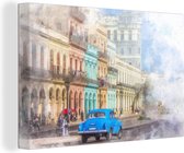 Canvas schilderij 140x90 cm - Wanddecoratie Een blauwe Cubaanse oldtimer in de binnenstad van Havana - Muurdecoratie woonkamer - Slaapkamer decoratie - Kamer accessoires - Schilderijen