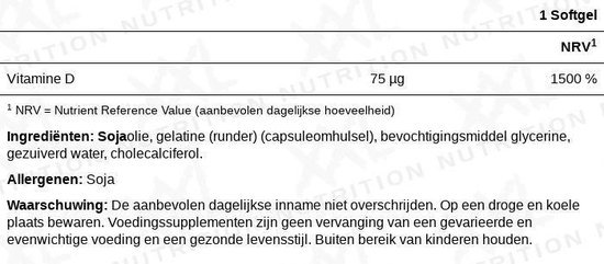 Lijst met ingrediënten en waarschuwingen voor vitamine D3: bevat sojaolie, gelatine en calciumcarbonaat.