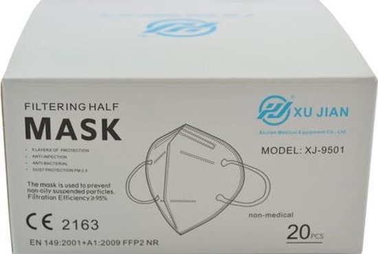FFP2/KN95 Mondmaskers 20 Mondkapjes wit gecertificeerd - voldoen aan EN149 norm - XU-JIAN