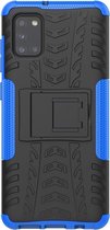 Mobigear Hoesje geschikt voor Samsung Galaxy A31 Telefoonhoesje Hardcase | Mobigear Tire Backcover Shockproof met Standaard | Schokbestendig Galaxy A31 Telefoonhoesje | Anti Shock Proof - Zwart / Blauw