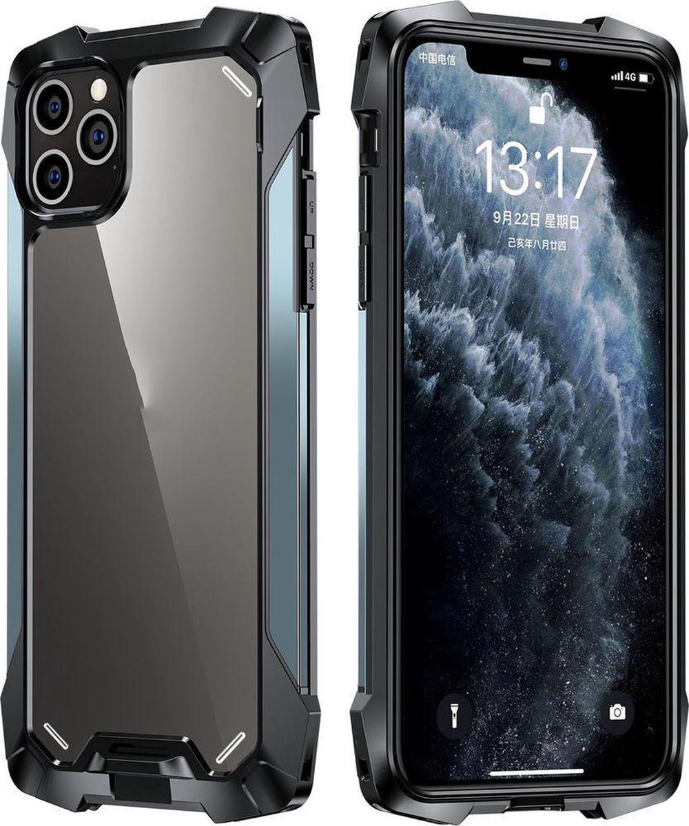 Mobigear Hoesje geschikt voor Apple iPhone 12 Pro Max Telefoonhoesje Hardcase | Mobigear Metal Tough Backcover Shockproof | Schokbestendig iPhone 12 Pro Max Telefoonhoesje | Anti Shock Proof - Transparant / Marineblauw