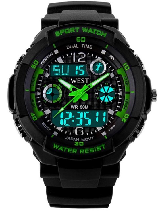 West Watch – multifunctioneel kinder sport horloge - model Storm – Chronograaf – Shockproof - Digitaal/Analoog - Groen