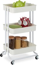 Bol.com Relaxdays keukentrolley op wieltjes - serveerwagen - roltafeltje - keukenwagen - 3 etages - wit aanbieding