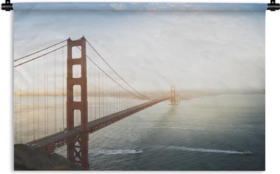 Wandkleed Golden Gate Bridge - Ochtendmist bij de Golden Gate Bridge in Californië Wandkleed katoen 180x120 cm - Wandtapijt met foto XXL / Groot formaat!