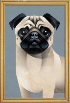 JUNIQE - Poster met houten lijst Vintage mopshond -60x90 /Grijs