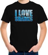 Tekst shirt I love sharks met dieren foto van een haai zwart voor kinderen - cadeau t-shirt haaien liefhebber - kinderkleding / kleding M (134-140)